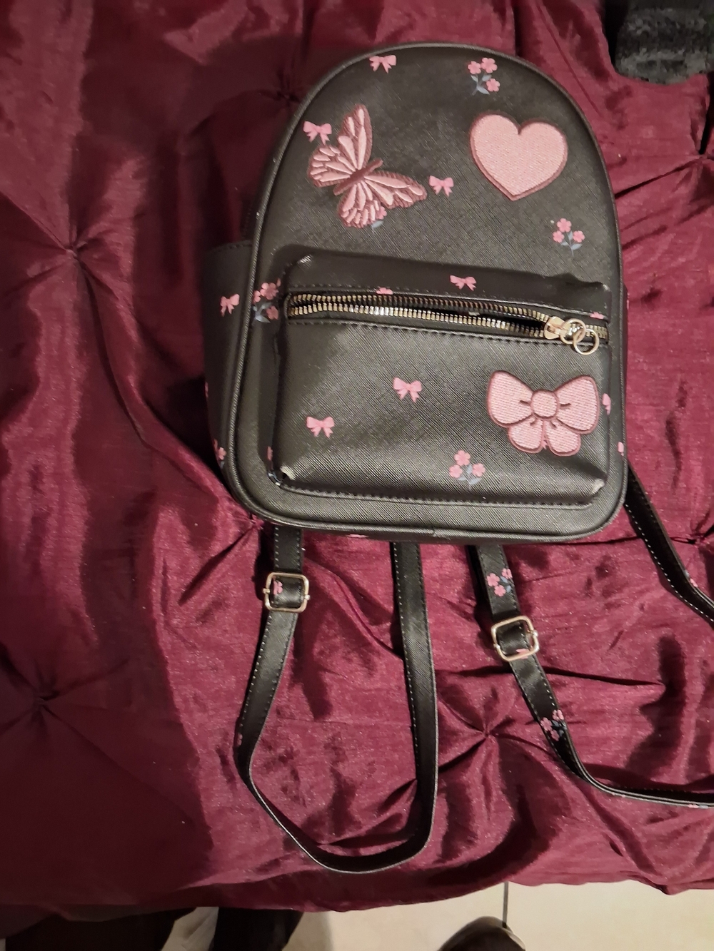 Black Mini Backpack with Pink Heart & Butterfly Embroidery